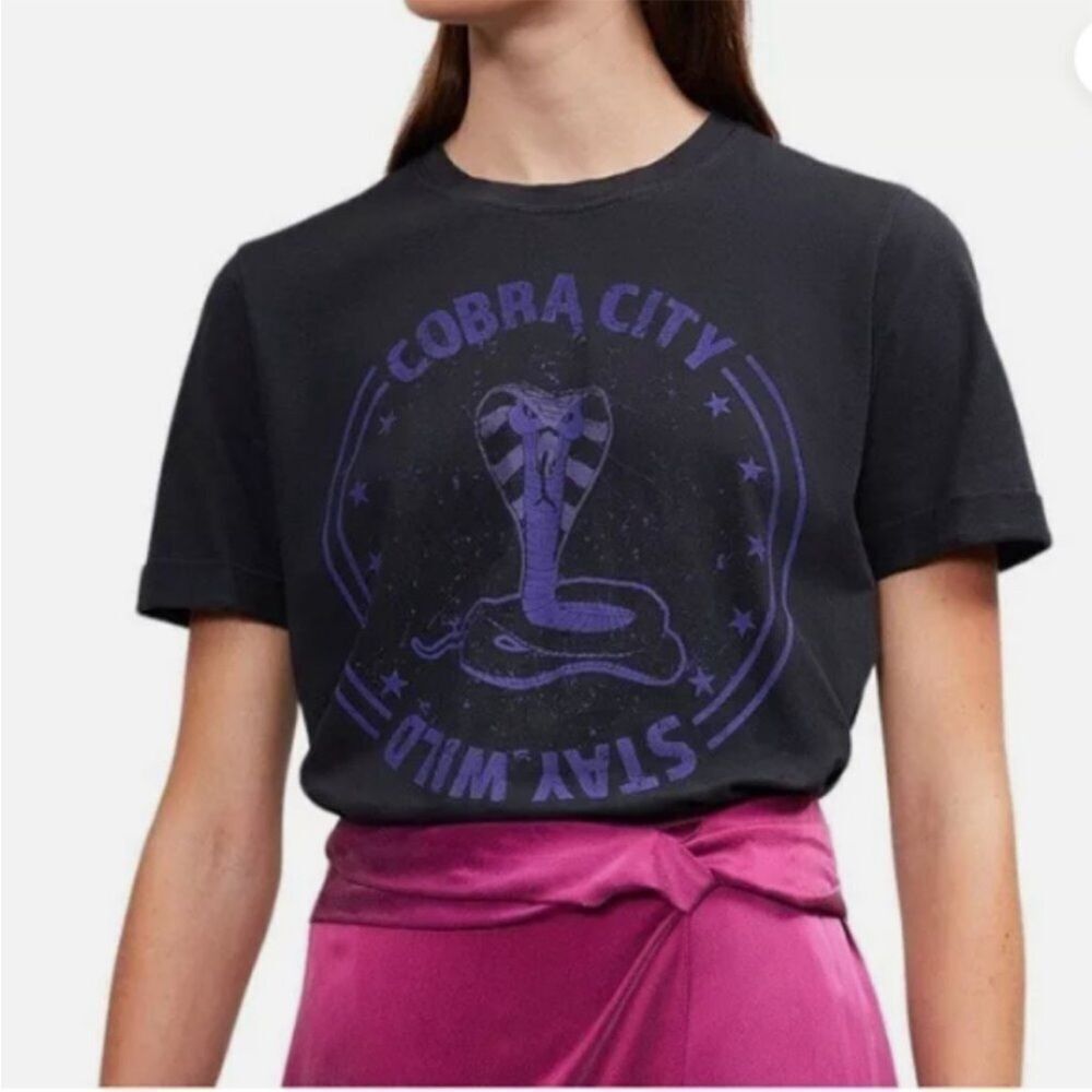 Maje Cobra City Stay Wild Black Distressed Graphic T-Shirt Quiet Luxury Modern